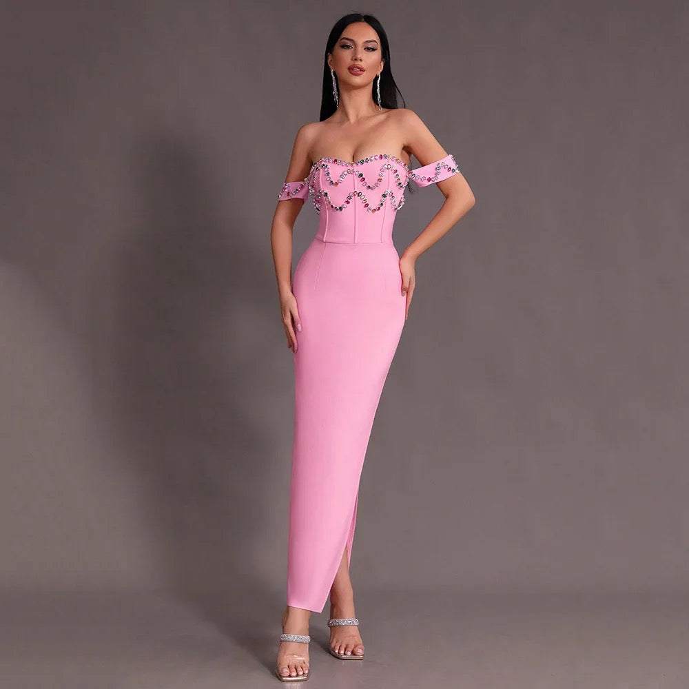 Pink Split Off Shoulder Diamond Long Bandage Ball Dress