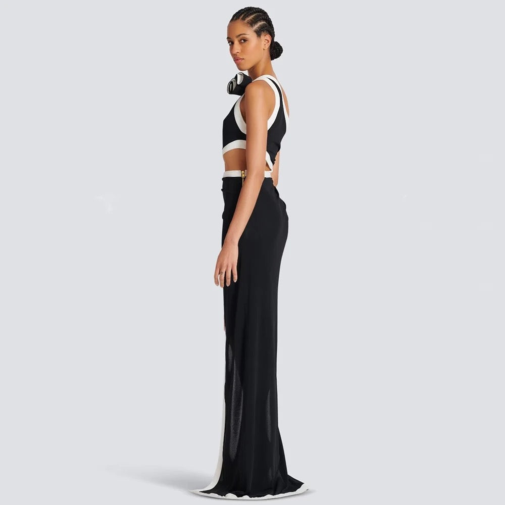 One Shoulder 3D Flower Hollow Asymmetric Split Long Bandage Dress