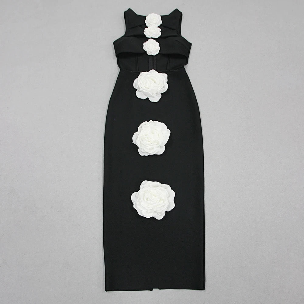 Black Sexy White 3D Flower Hollow Tight Long Bandage Dress