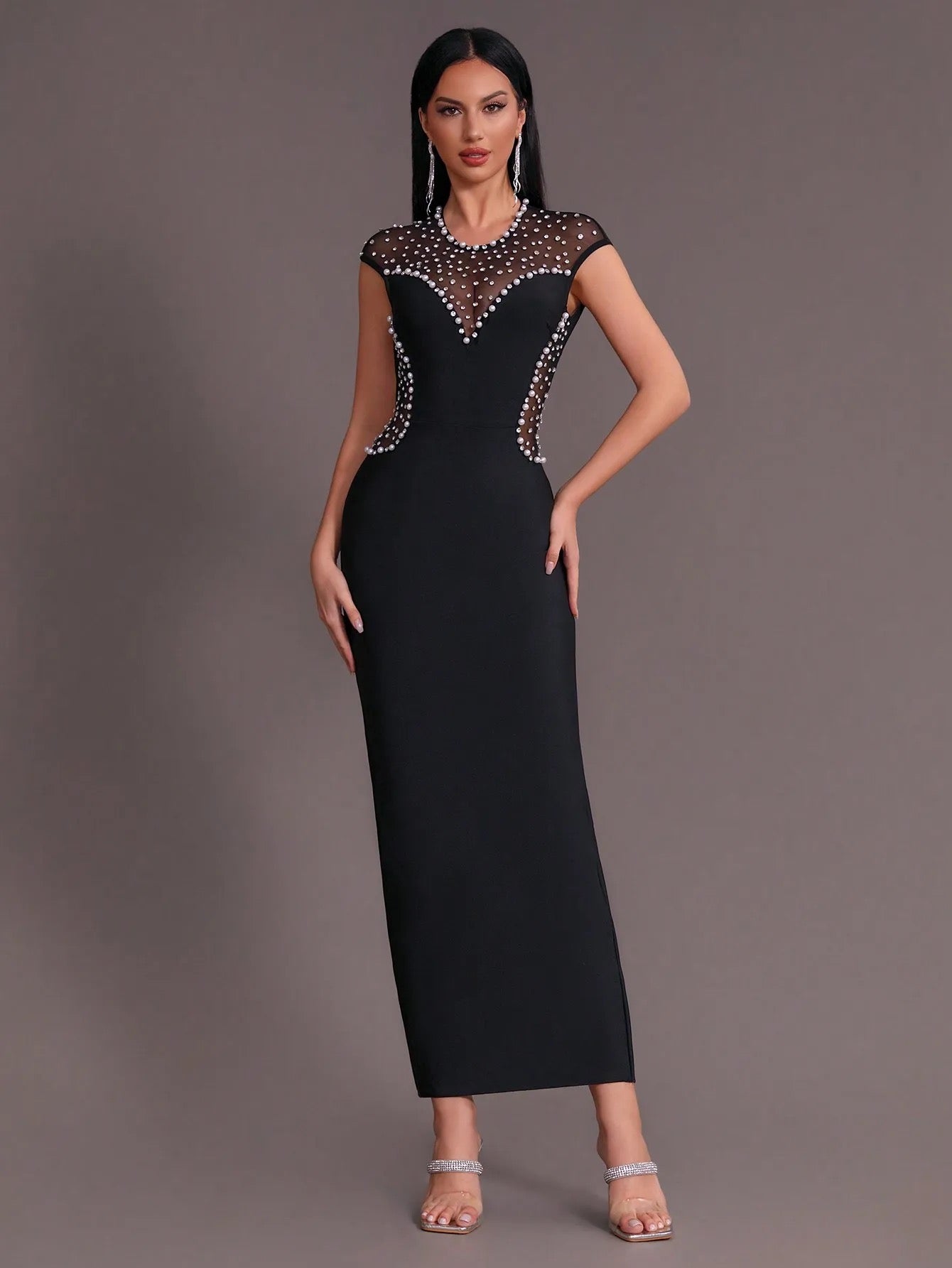 Backless Diamond Pearl Mesh Tight Long Bandage Dress