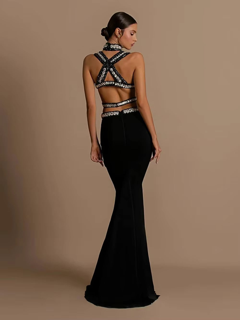 Diamond Hollow Out Backless Maxi Bandage Dress