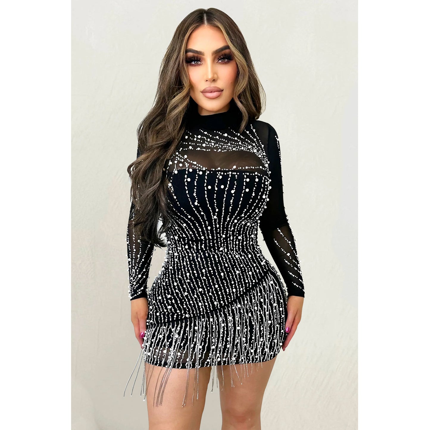 Long Sleeve Drilling Mesh See through Dress