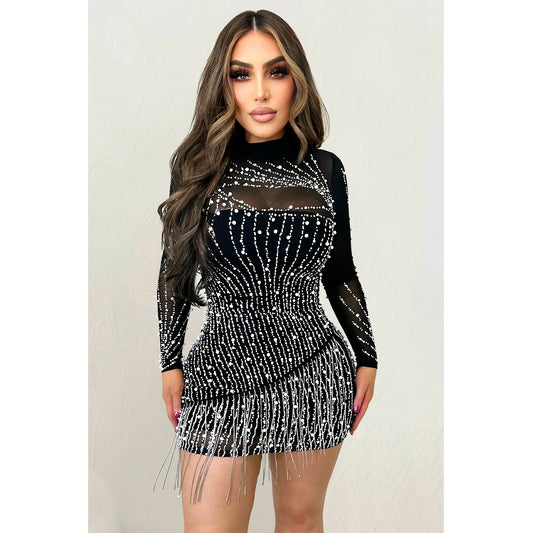 Long Sleeve Drilling Mesh See through Dress