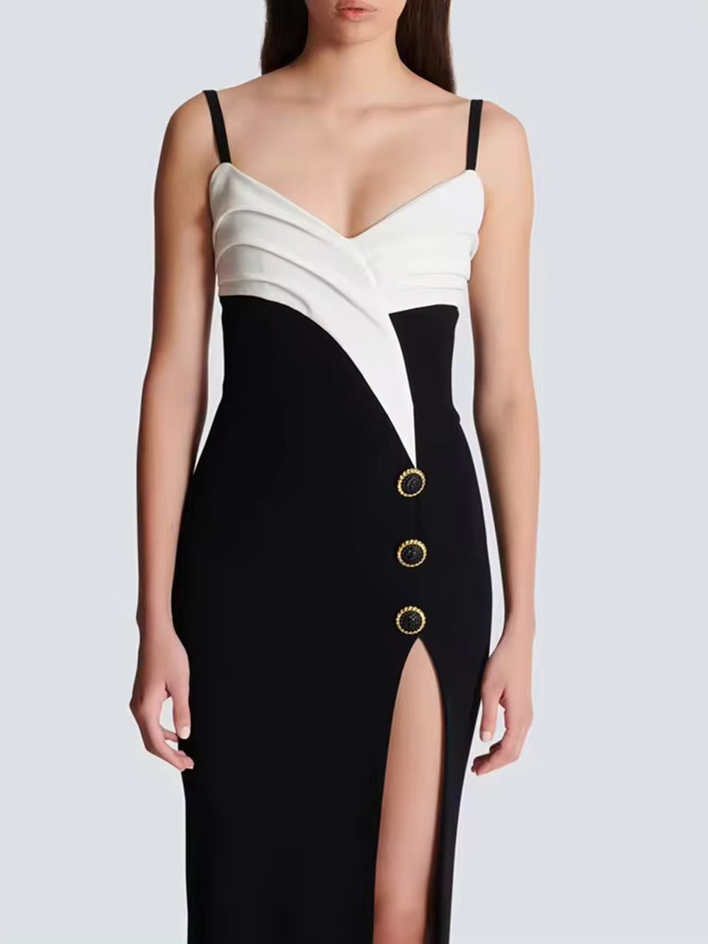 Patchwork Button Spaghetti Strap Backless Sexy Maxi Bandage Dress