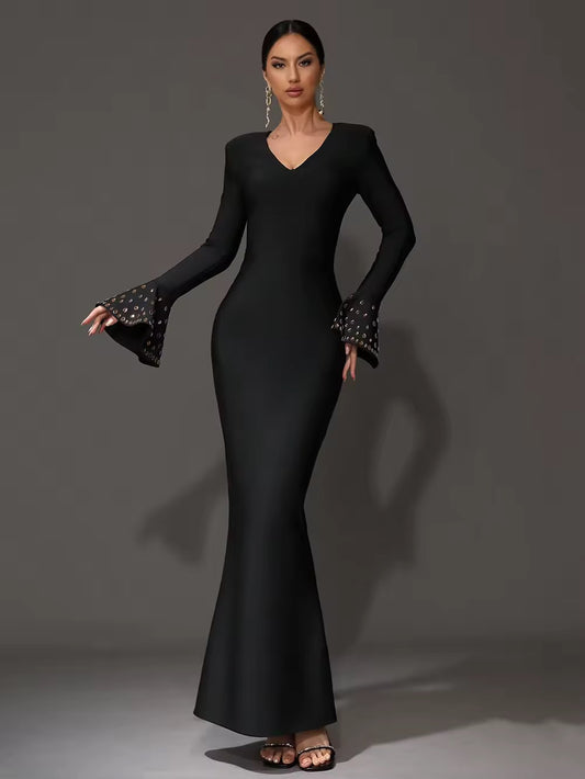 Black Crystal Sexy V-Neck Flared Sleeve Tight Long Bandage Dress