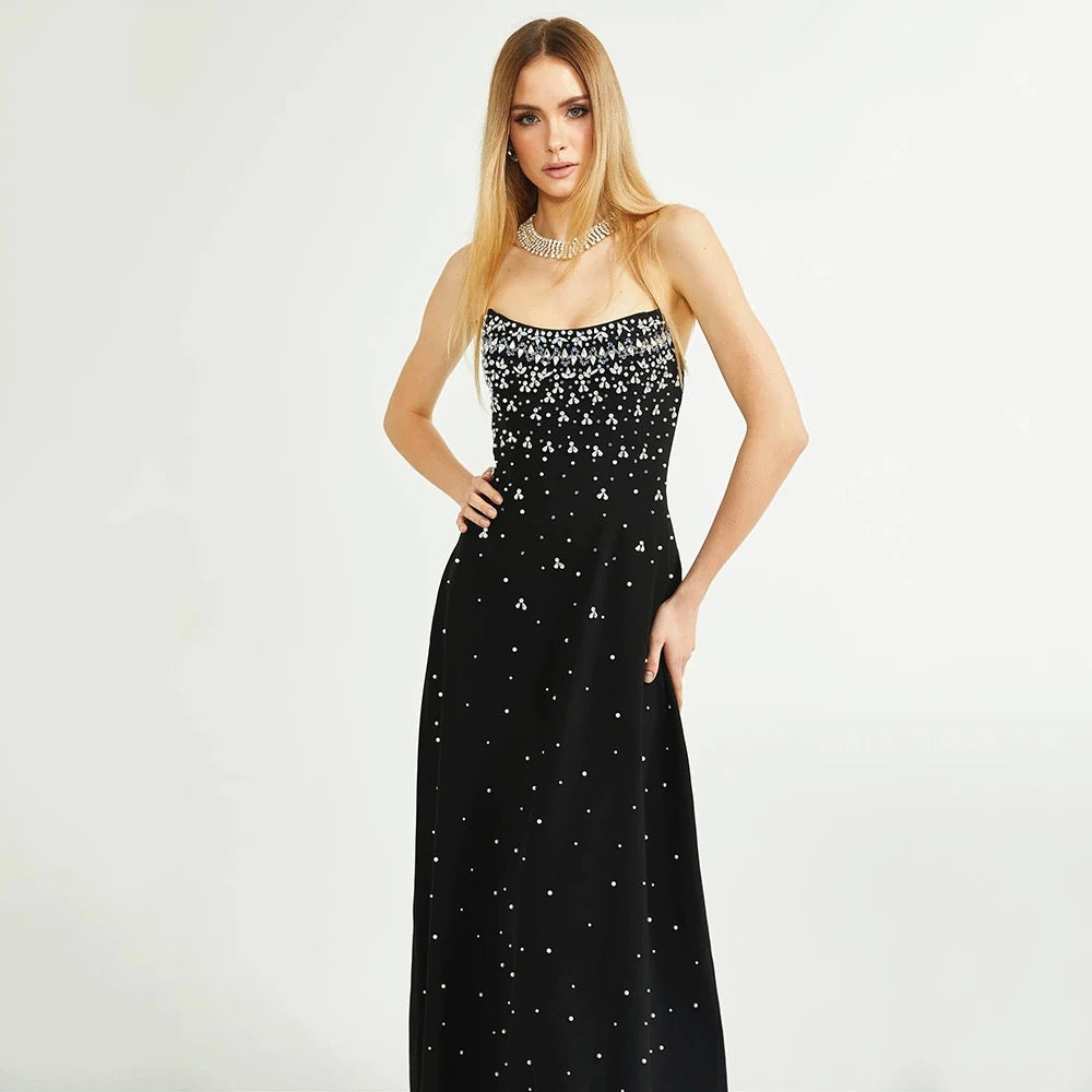 A-line Sexy Strapless Crystal Diamond Pearl Bra Midi Dress