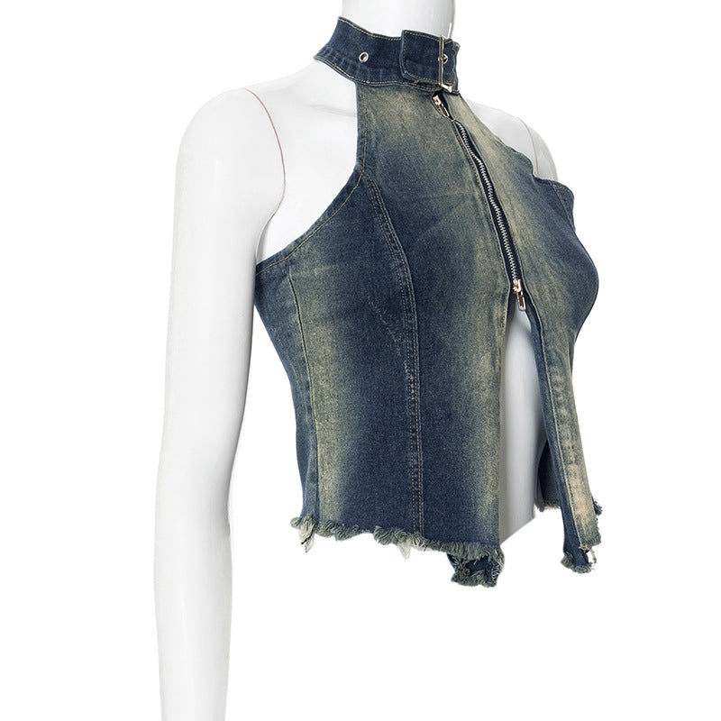 Sleeveless Halter Backless Top Washed Worn Denim