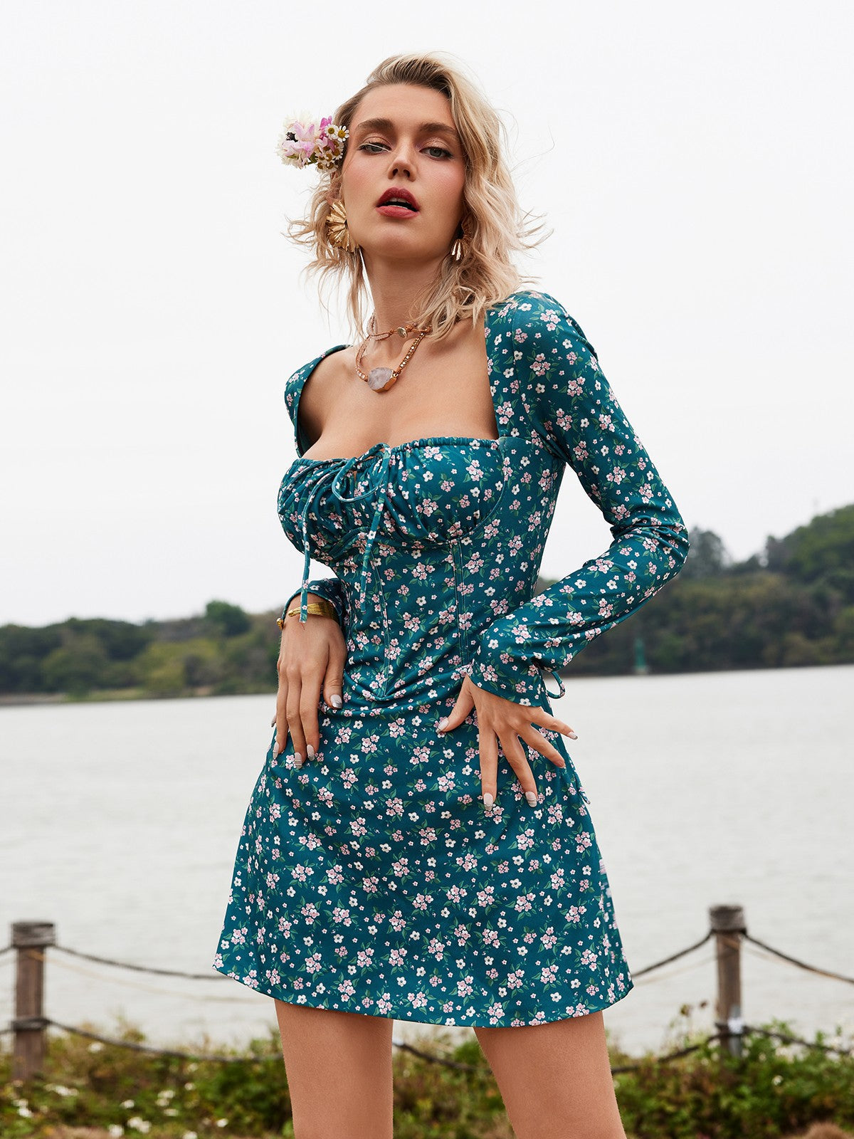 Floral Lacing Mini Dress