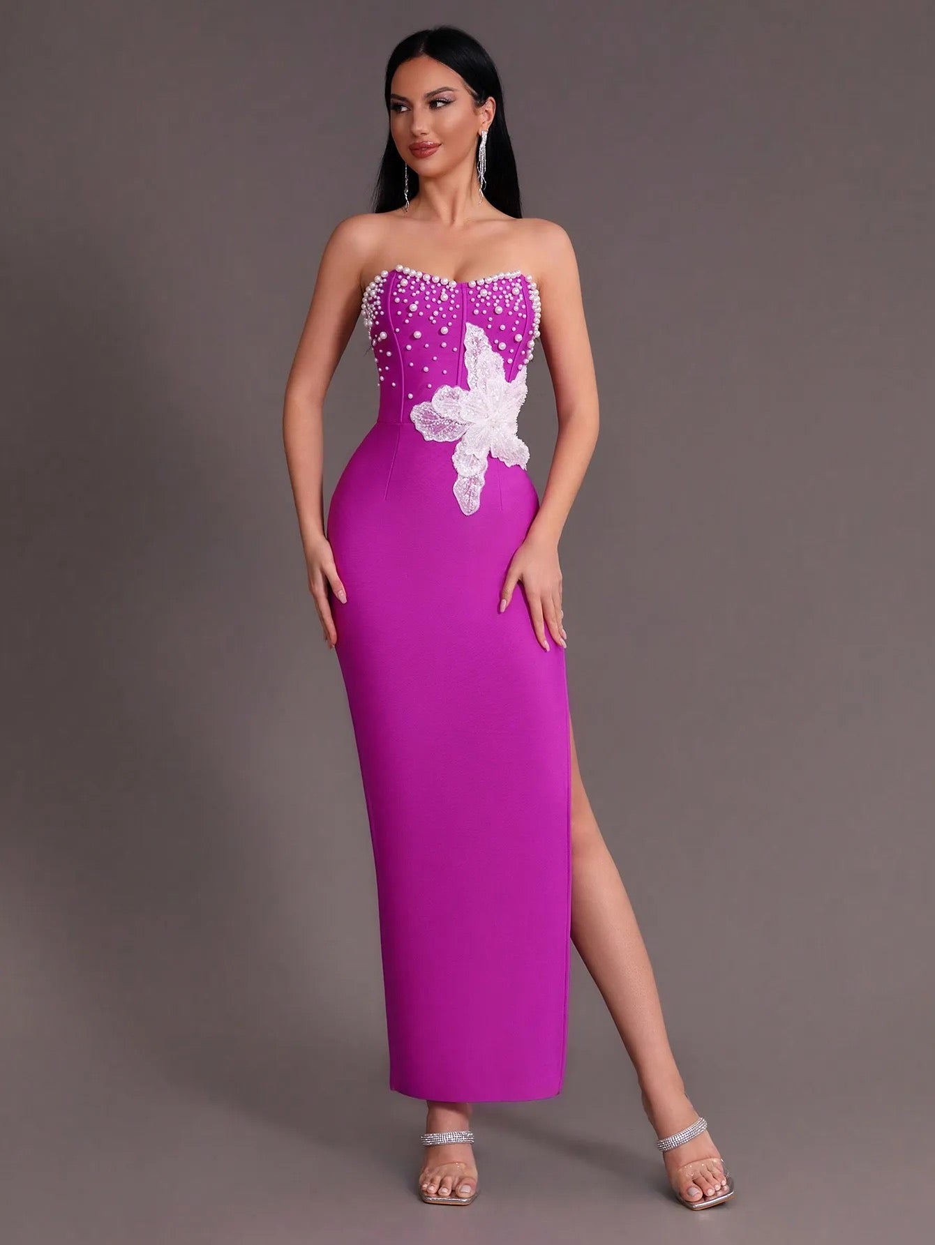 Beaded Sexy Strapless Side Split Long Bandage Dress