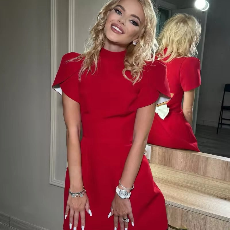 Hollow Red O-neck Mini Dress