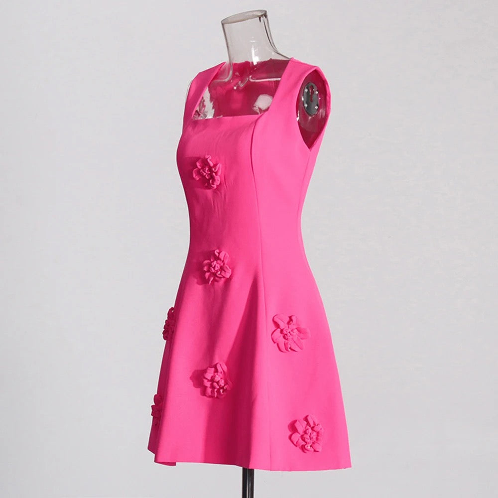 Pink 3D Flower Details A-line Sleeveless Mini Dress