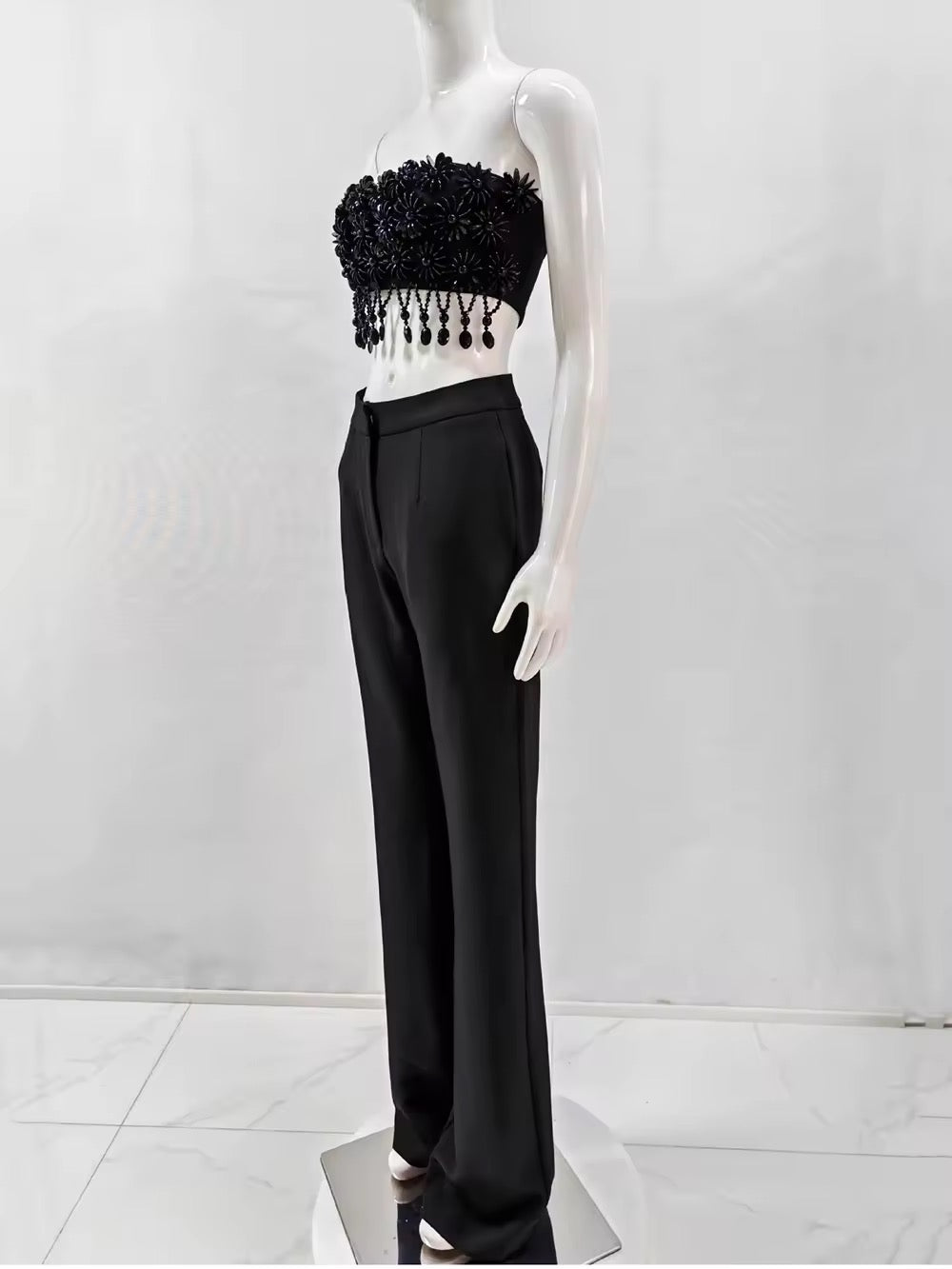 Black Bead Tassel Two Piece Pants Set