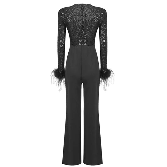 Long sleeved Feather Sexy V-neck Sequin jumpsuit