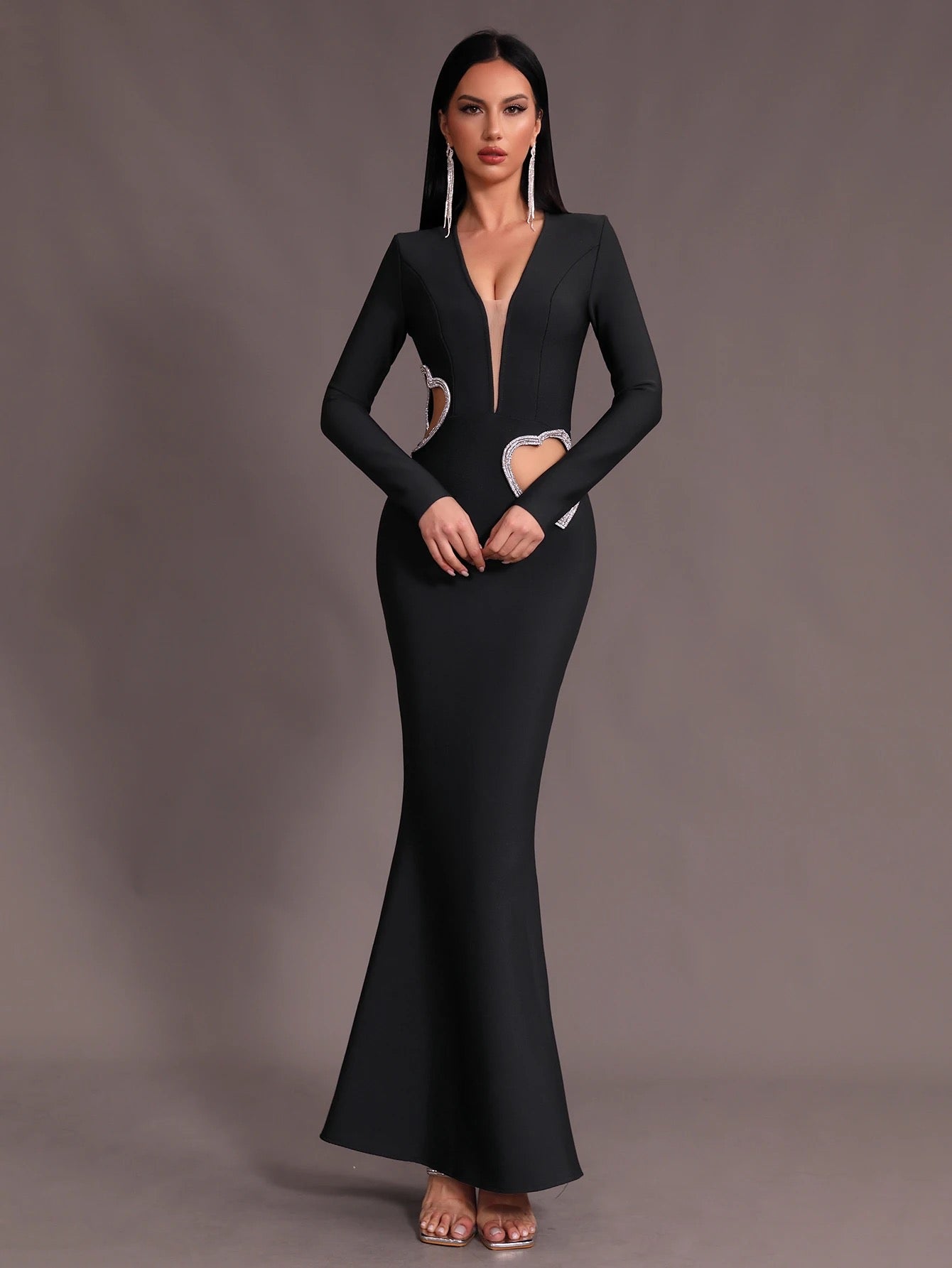 V-neck Belt Hollow Heart Diamond Mermaid Bandage Dress