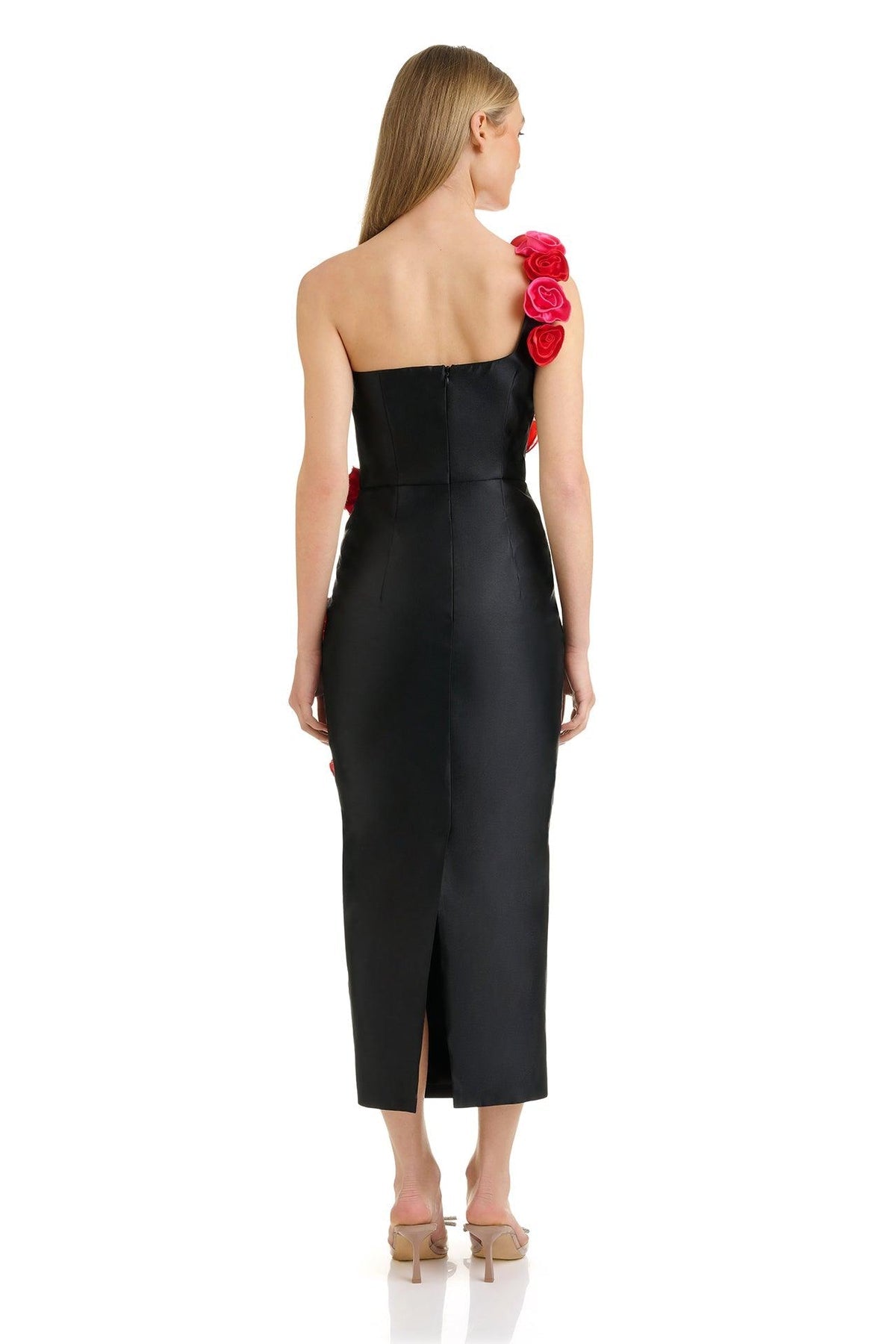 One Shoulder Sleeveless 3D Flower Tight Midi Bandage Dress