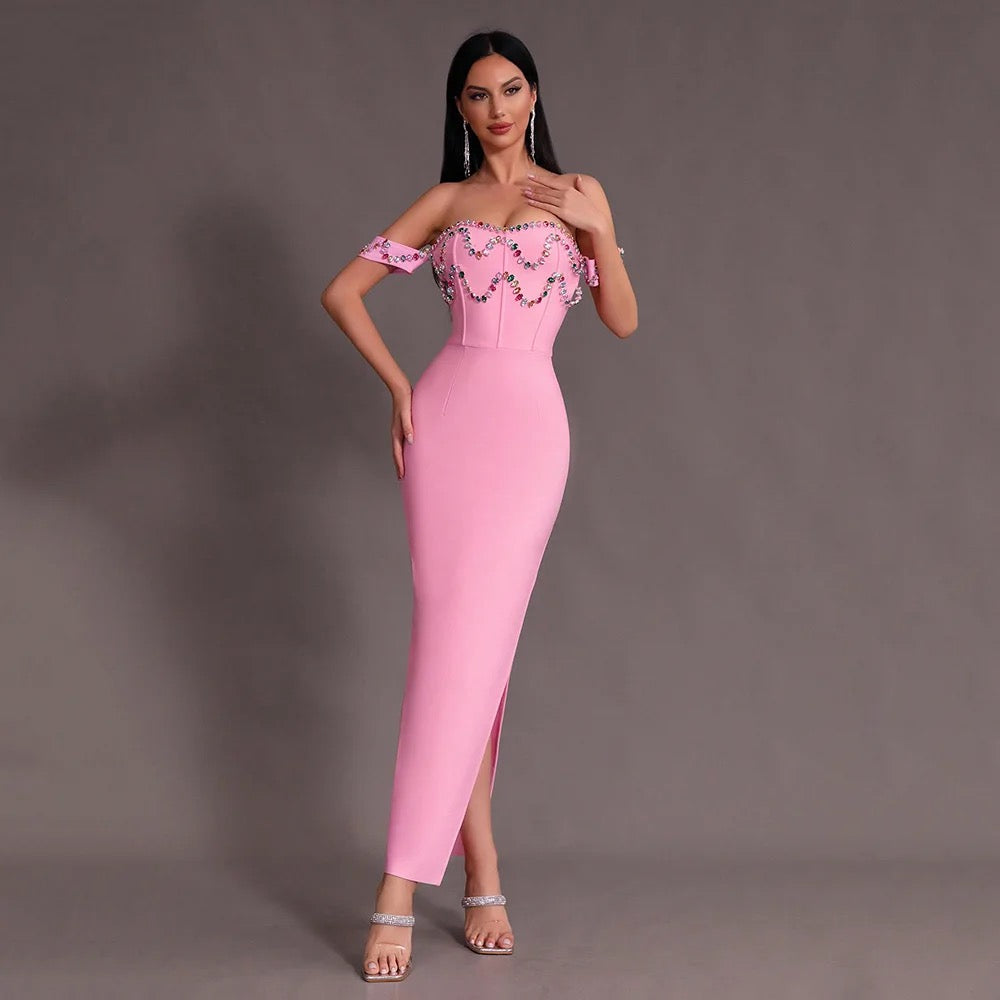 Pink Split Off Shoulder Diamond Long Bandage Ball Dress