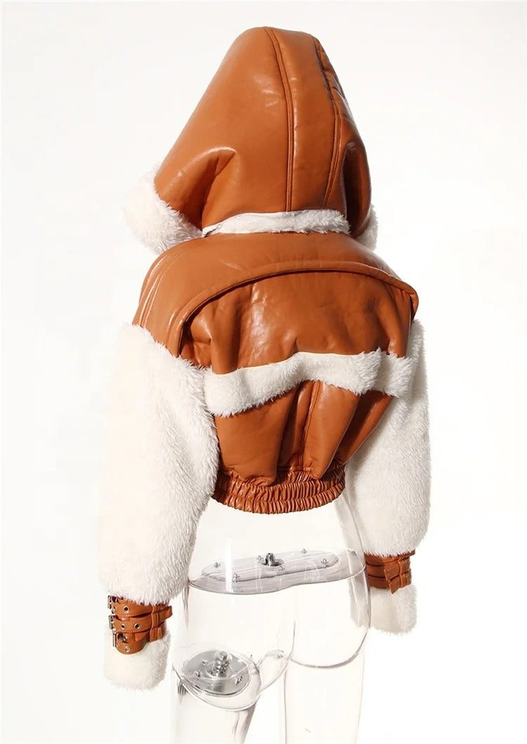 PU Leather Short Hooded jacket