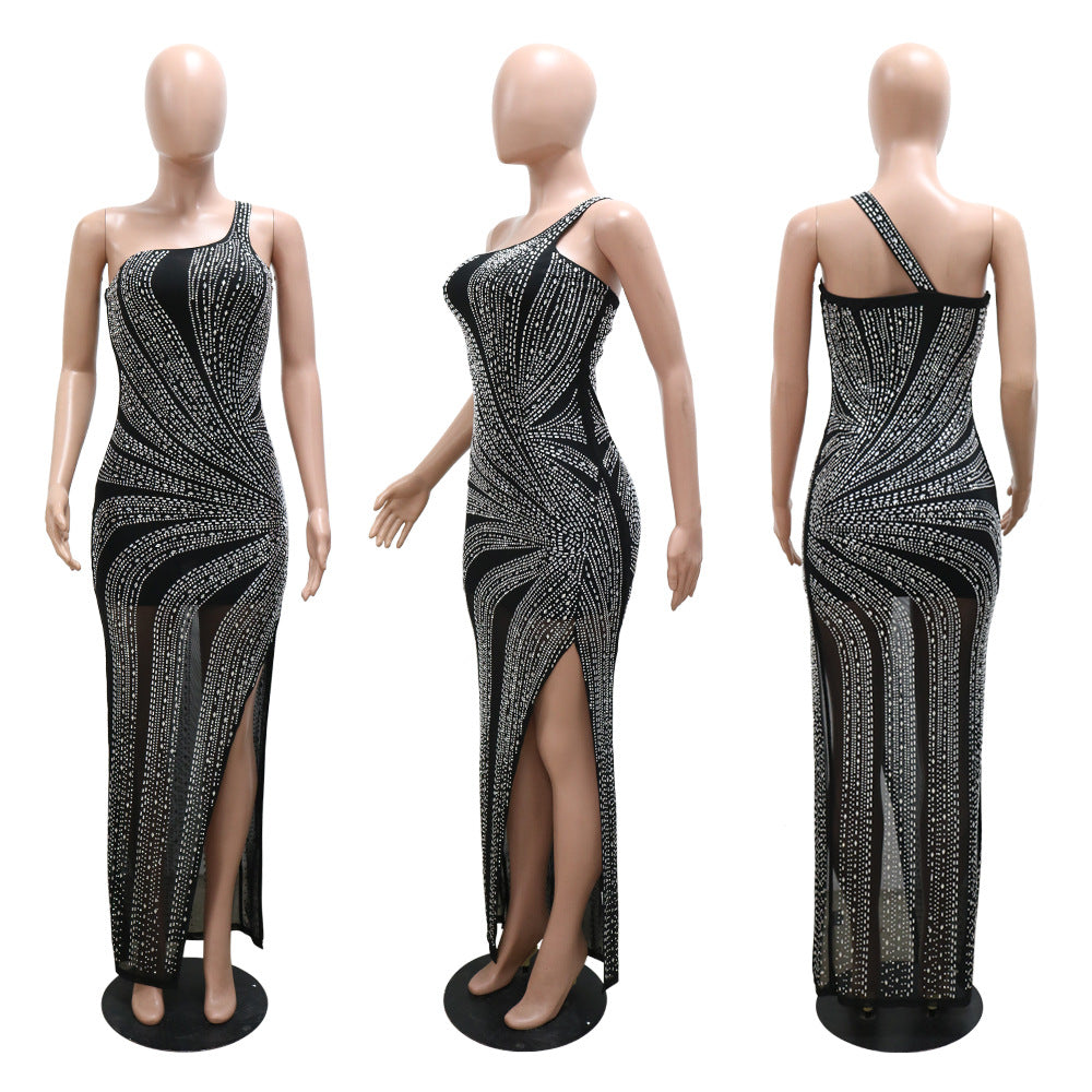 Oblique Shoulder Sexy See Through Rhinestone Dress