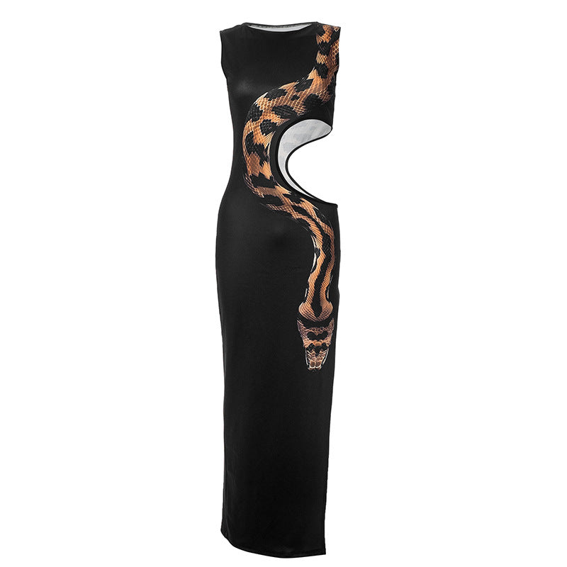 Side Waist Hollow Out Cutout Python Print Slim Fit Slit Maxi Dress