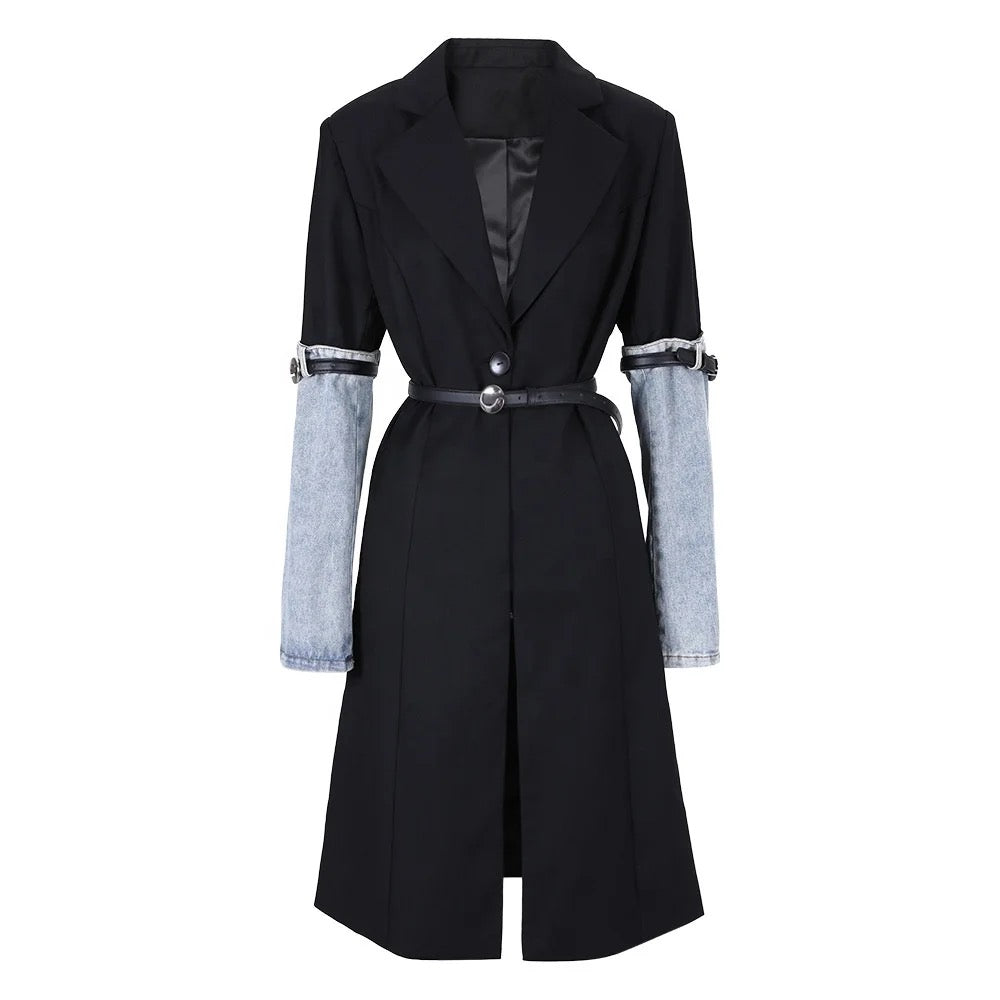 Contrast Patchwork Denim Trench Coat