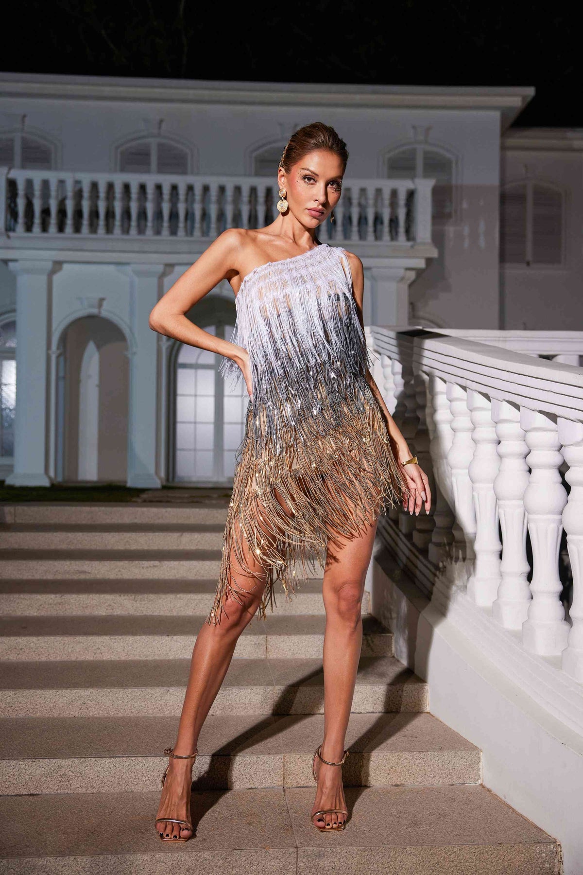 One Shoulder Patchwork Fringe Sequin Dress