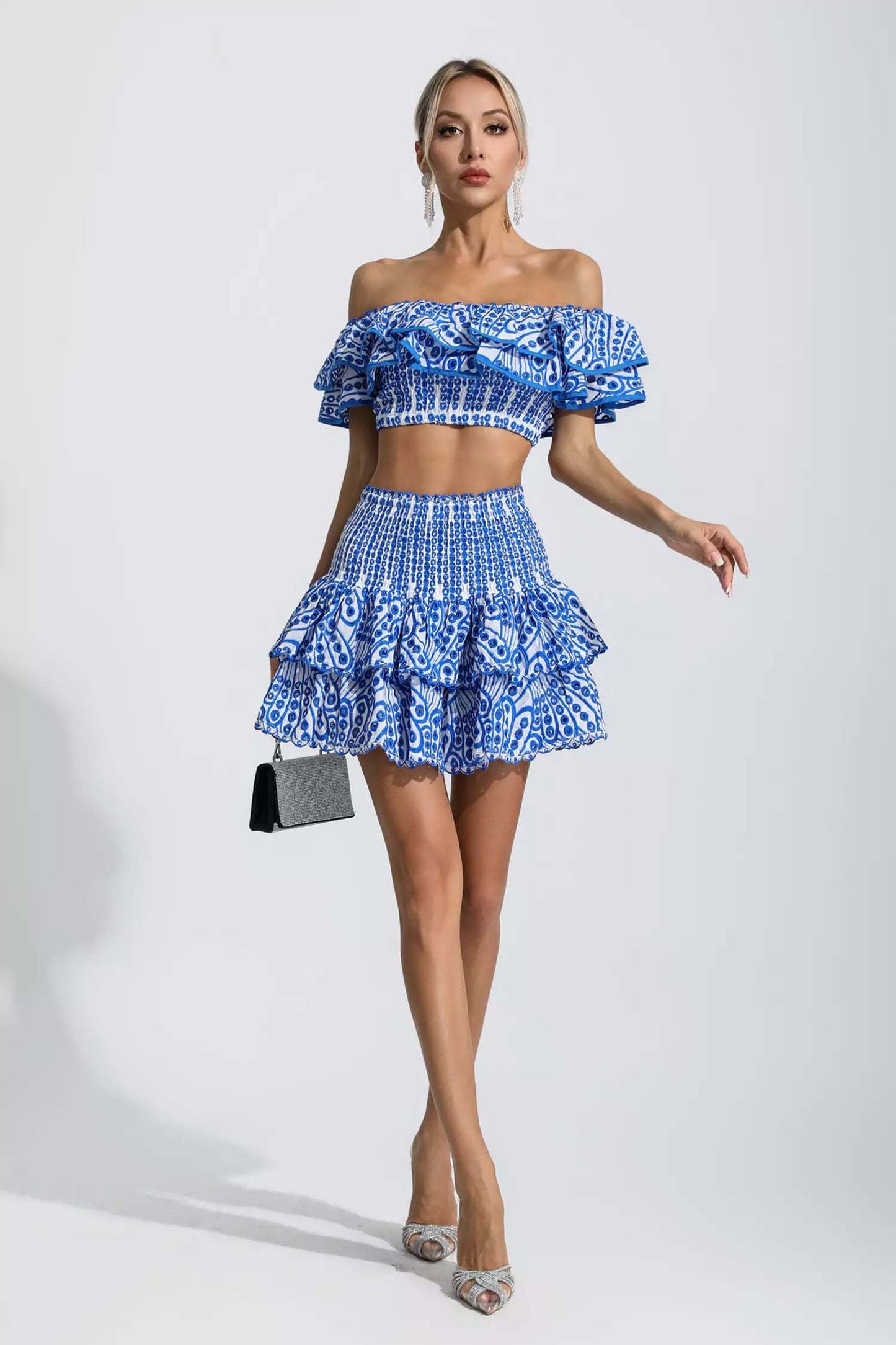 Blue Floral Ruffle Off-Shoulder Set