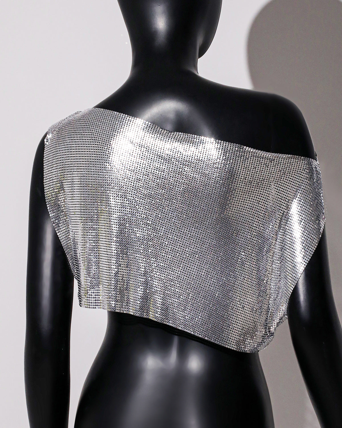 Oblique Shoulder Tops Off Neck Vest Aluminum Mesh Sequined Top