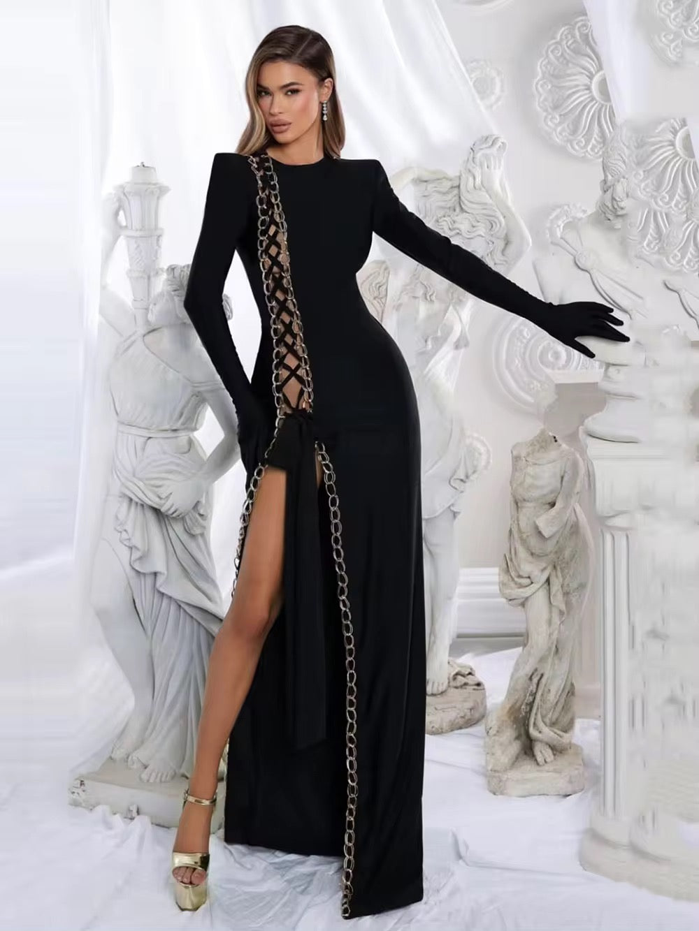 Metal Chain Side Split Lace Up Tight Maxi Dress