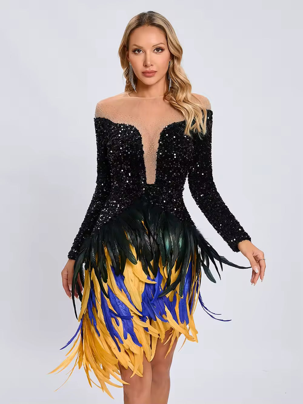 Feathers Sequin Strapless Mesh Long Sleeves Bodycon Mini Dress