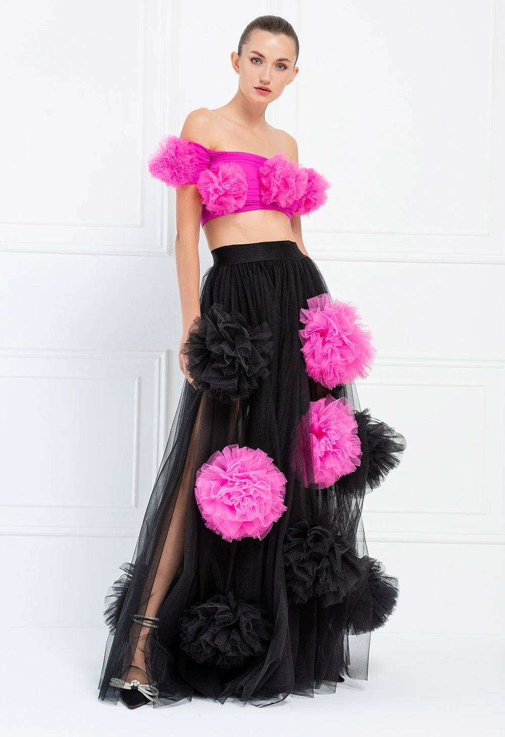 Black Tassel Mesh 3D Flower Sexy Hundred Fold Long Skirt