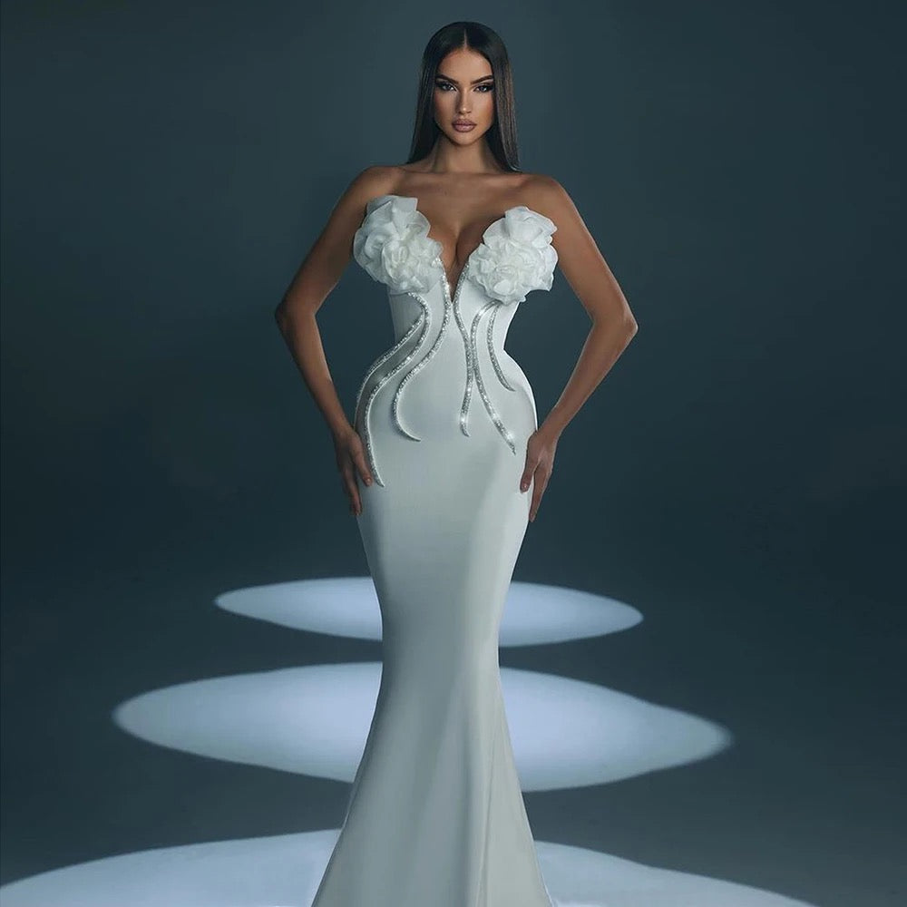 Mermaid Strapless Diamond Flower Maxi Bandage Dress