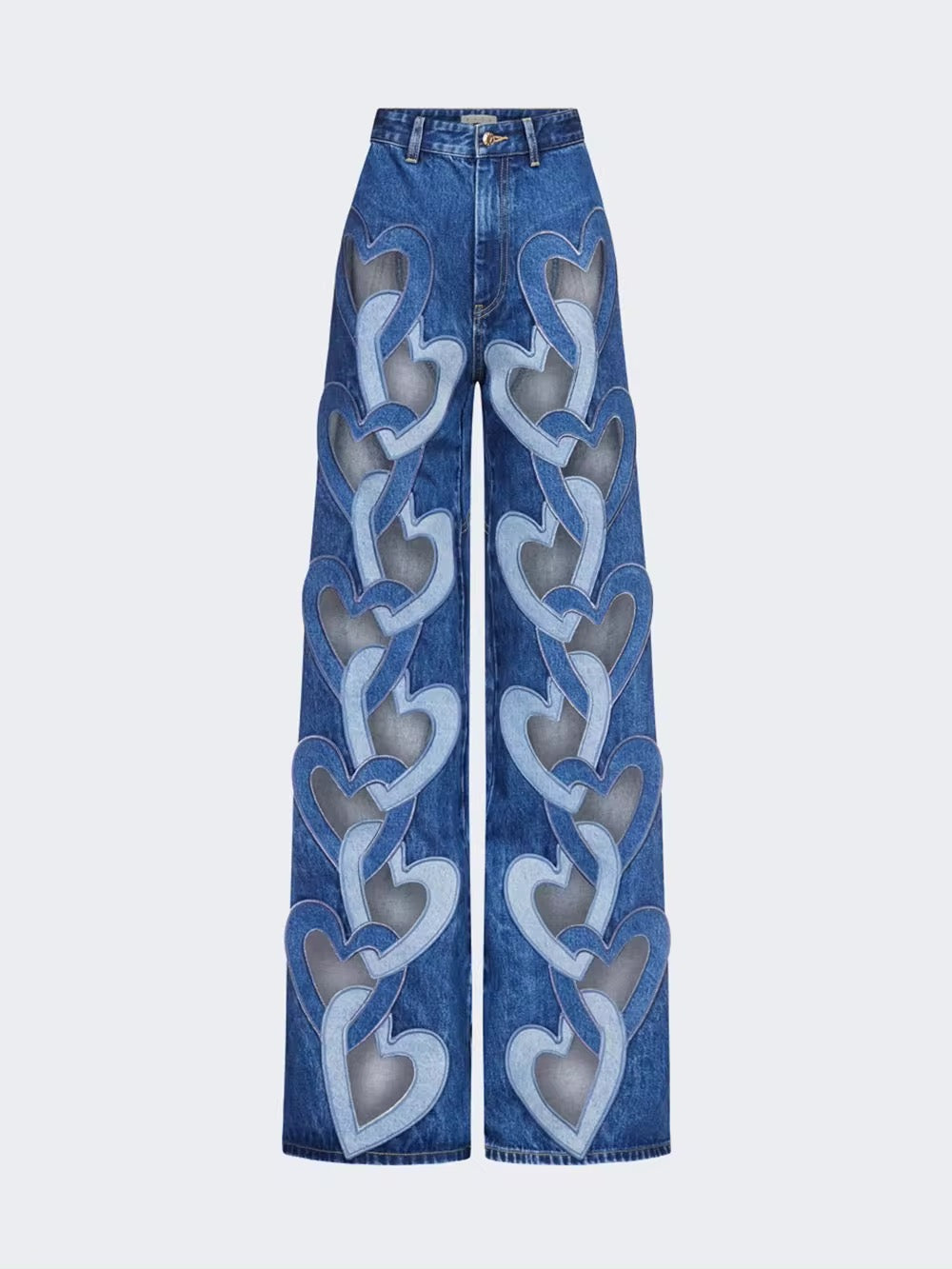 High Waist Heart Connectivity Contrast Color Hollow Out Straight Denim