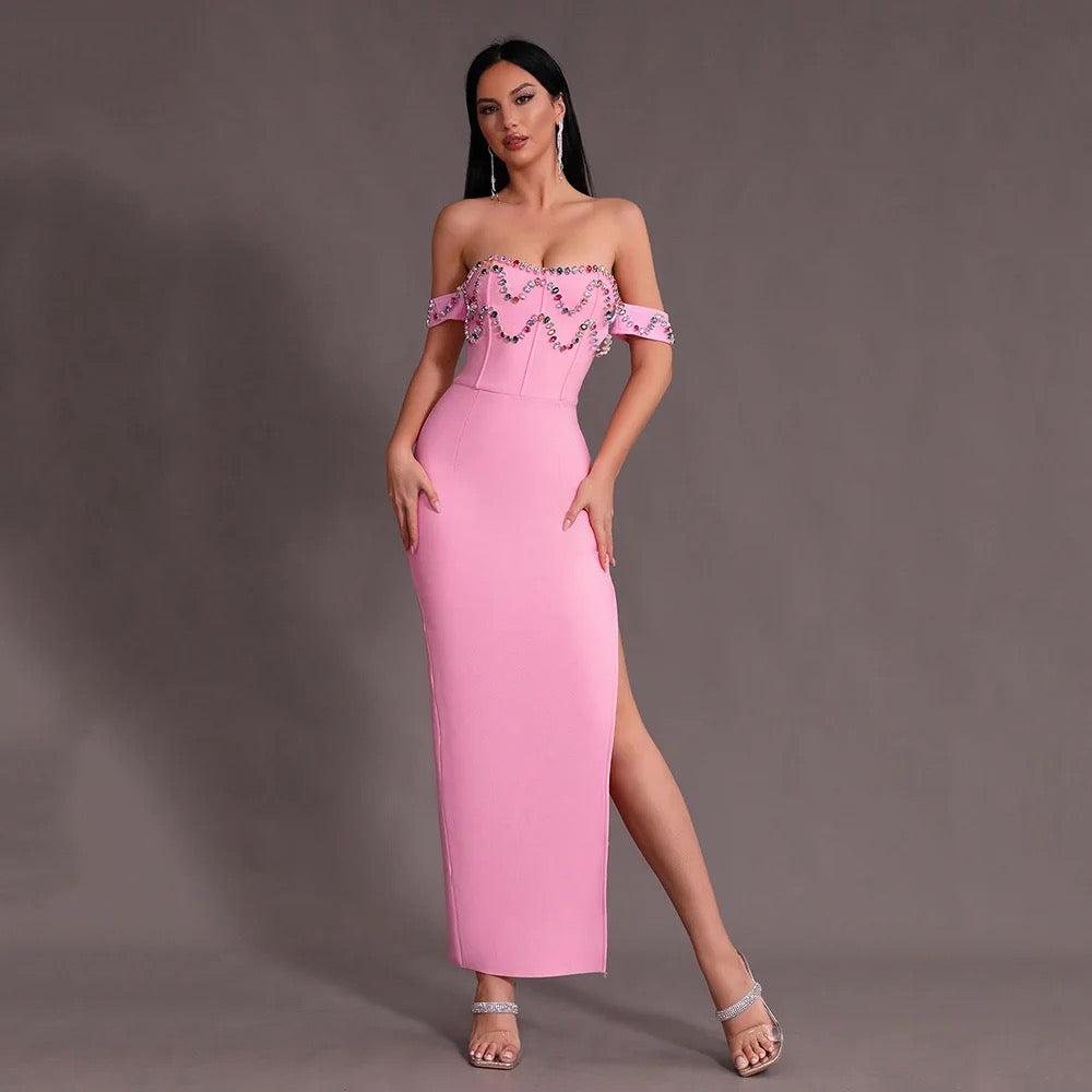 Pink Split Off Shoulder Diamond Long Bandage Ball Dress