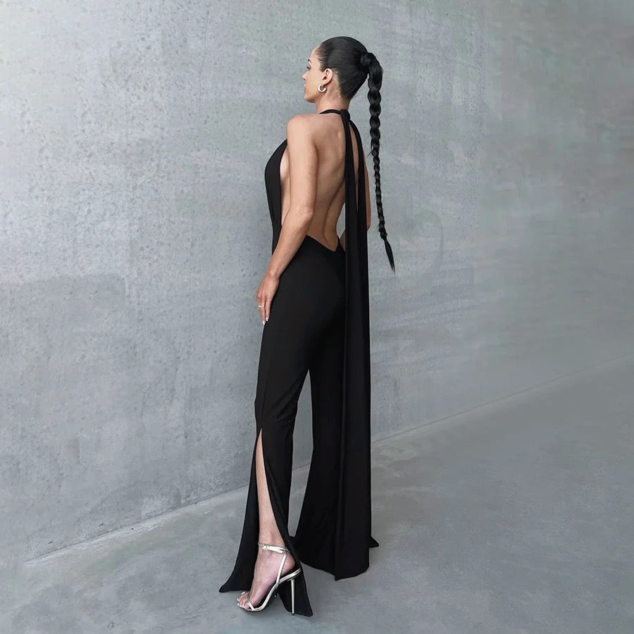 Deep V Wrap Around Halter Sexy Backless Flare Pants Jumpsuits REBECATHELABEL