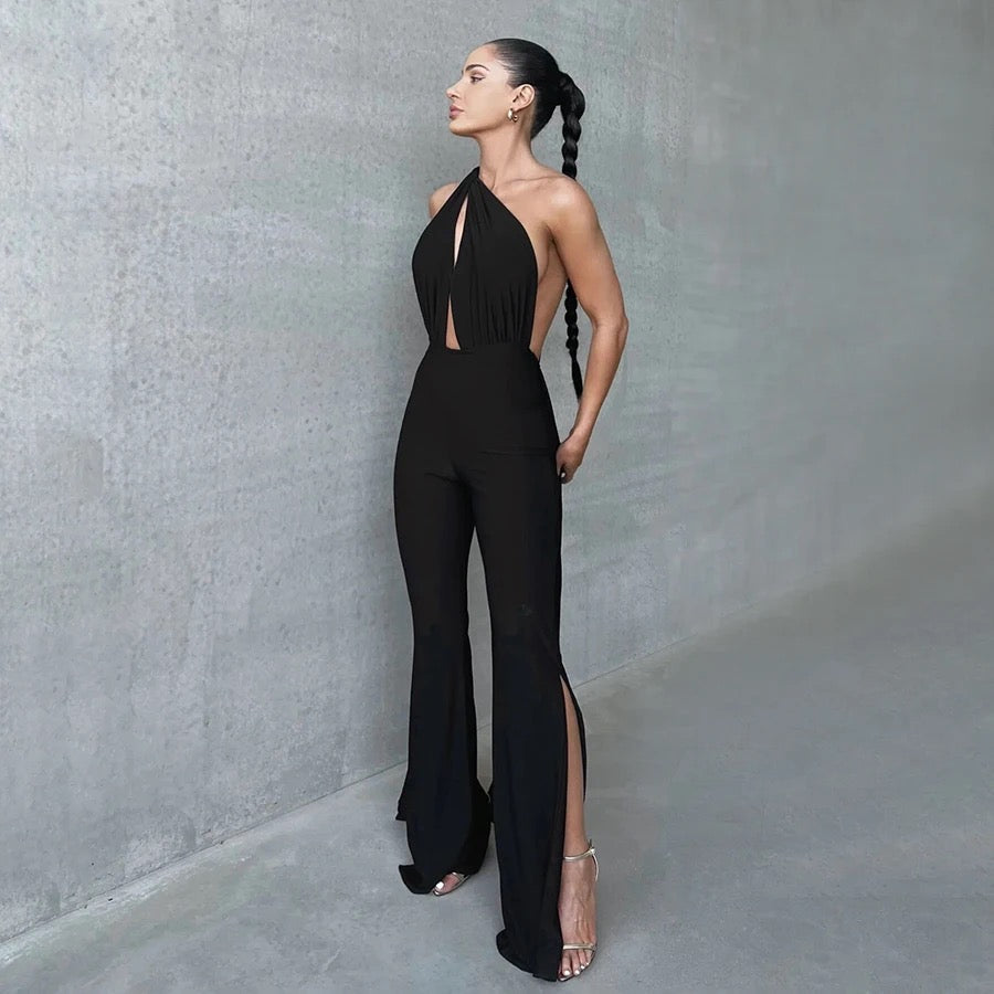 Deep V Wrap Around Halter Sexy Backless Flare Pants Jumpsuits REBECATHELABEL