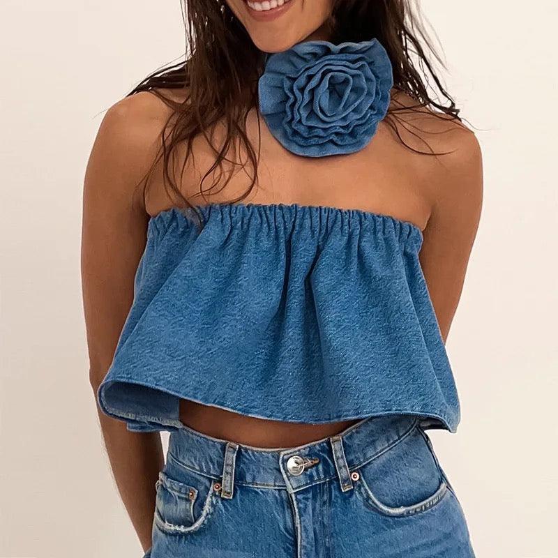 Denim Top With Choker REBECATHELABEL