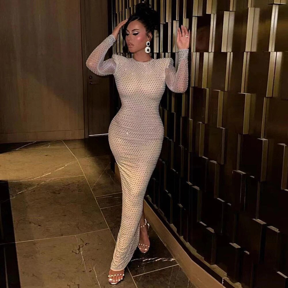 Diamond Backless Long Sleeve Tight Long Dress REBECATHELABEL