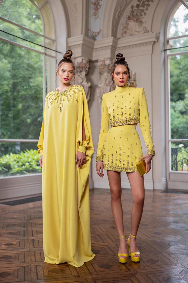 Diamond Beaded Short Top+Dress Yellow Two Piece Suit Set REBECATHELABEL