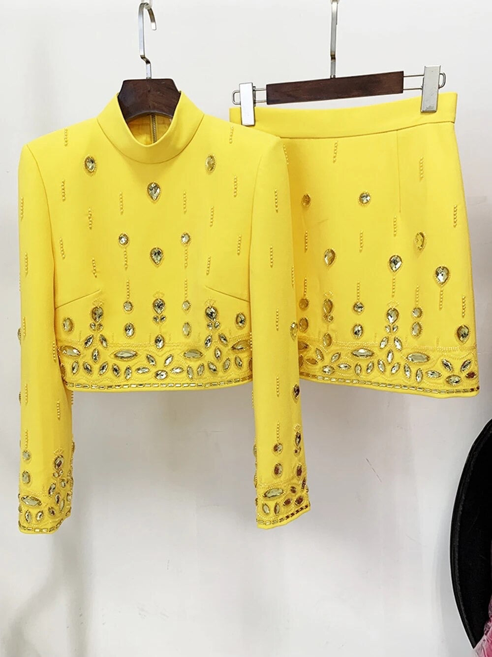 Diamond Beaded Short Top+Dress Yellow Two Piece Suit Set REBECATHELABEL