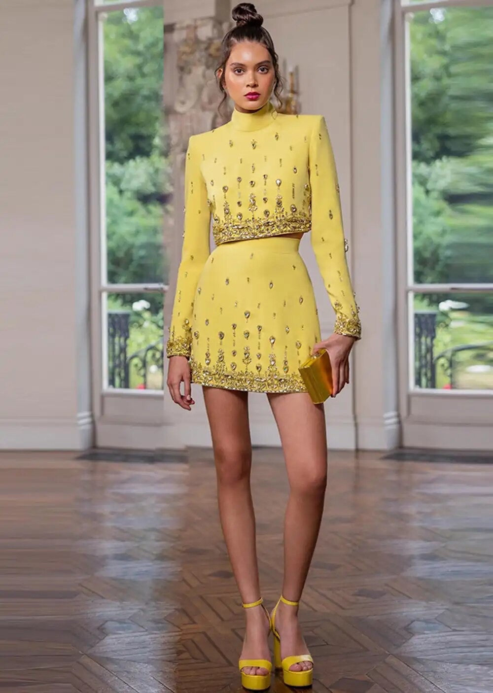 Diamond Beaded Short Top+Dress Yellow Two Piece Suit Set REBECATHELABEL