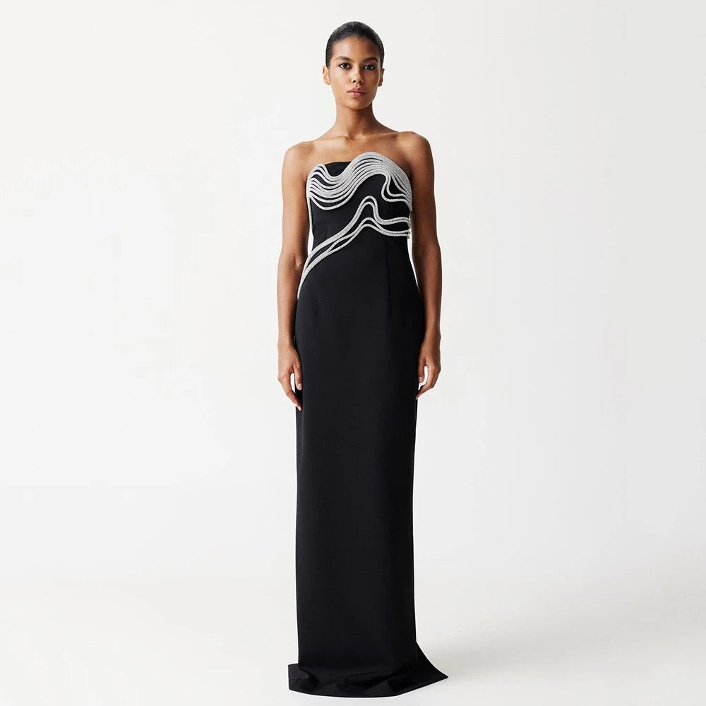 Diamond Decorated Black Sexy Strapless Long Bandage Dress REBECATHELABEL