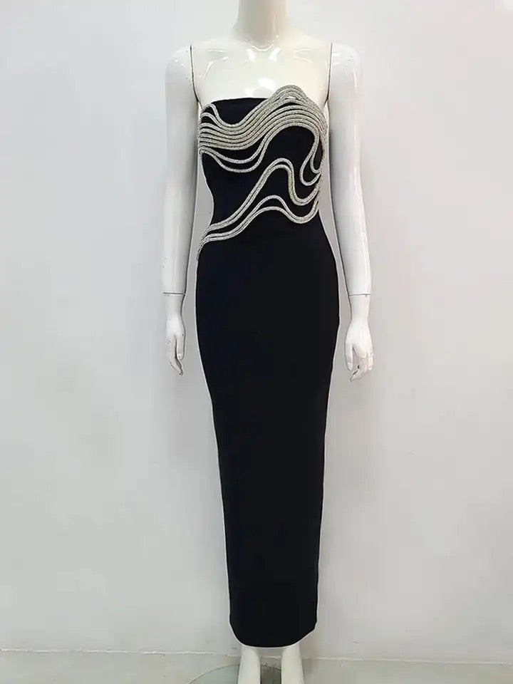 Diamond Decorated Black Sexy Strapless Long Bandage Dress REBECATHELABEL