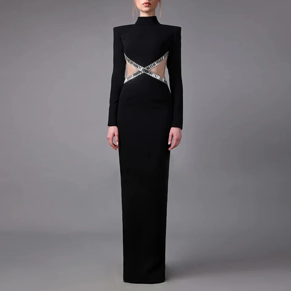 Diamond Hollow Sexy Long Sleeve Backless Long Bandage Dress REBECATHELABEL