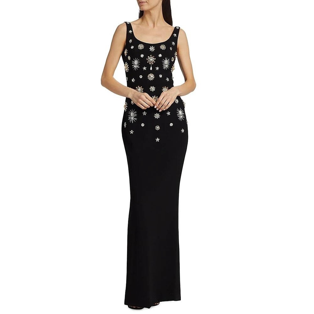 Diamond Long Dress Sleeveless brooch embellishment Slim Fit Maxi Dress REBECATHELABEL