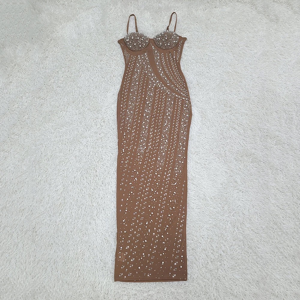 Diamond Mesh Beaded Tight Sleeveless Long Dress REBECATHELABEL