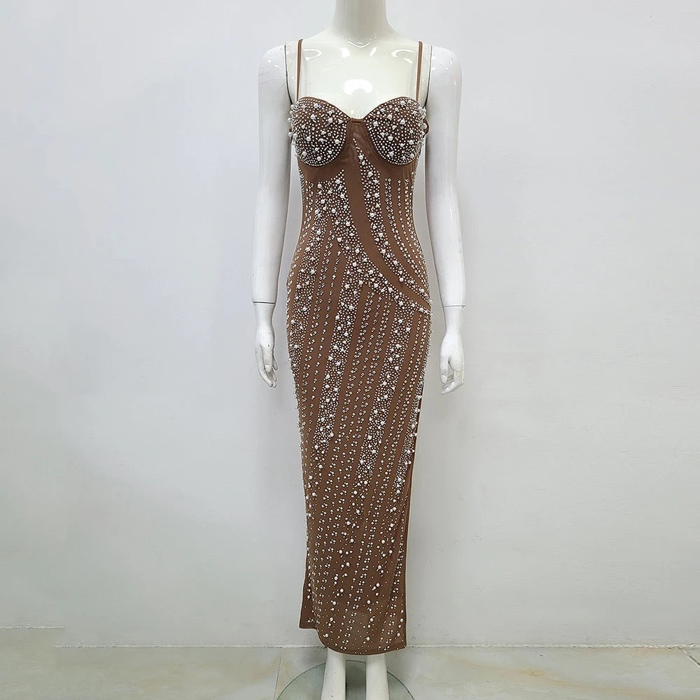 Diamond Mesh Beaded Tight Sleeveless Long Dress REBECATHELABEL