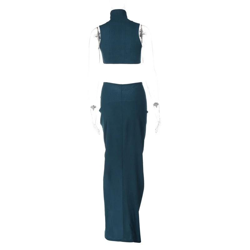 Donella High Neck Split Skirt Set In Teal REBECATHELABEL