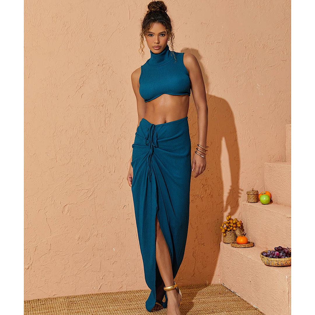 Donella High Neck Split Skirt Set In Teal REBECATHELABEL