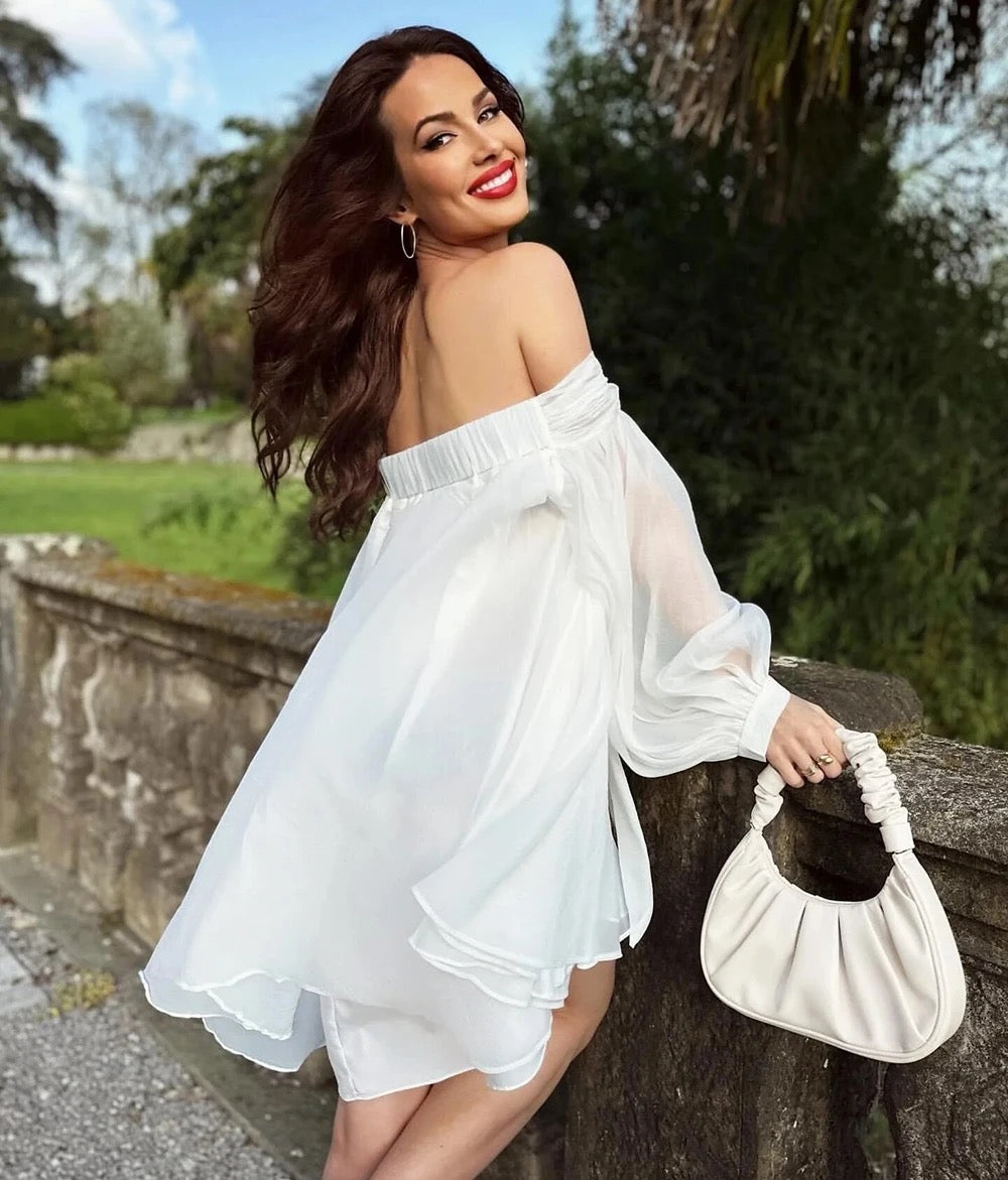 Off Shoulder Long Sleeve Bow Loose Mini Dress