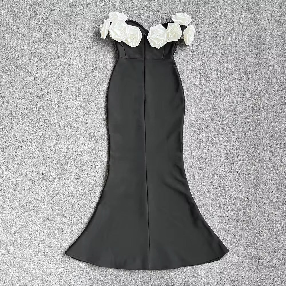 Stereoscopic Flowers Off The Shoulder Ankle Lenght Bandage Dress